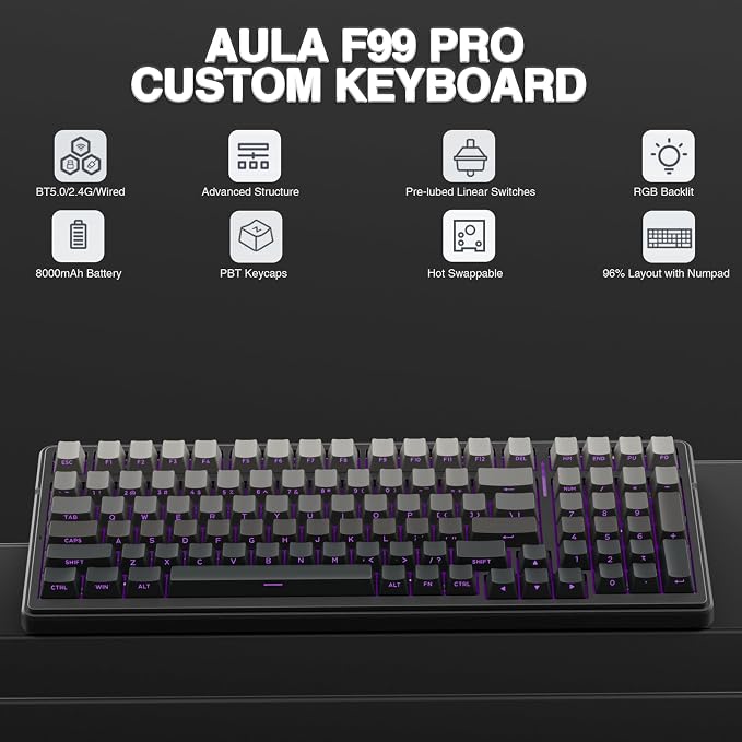 AULA F99 Pro Wireless Mechanical Keyboard, Hot Swappable Custom Keyboard - Image 2