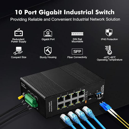 MokerLink 8 Port Gigabit Industrial DIN-Rail Ethernet Switch, 2 SFP Ports - Image 2