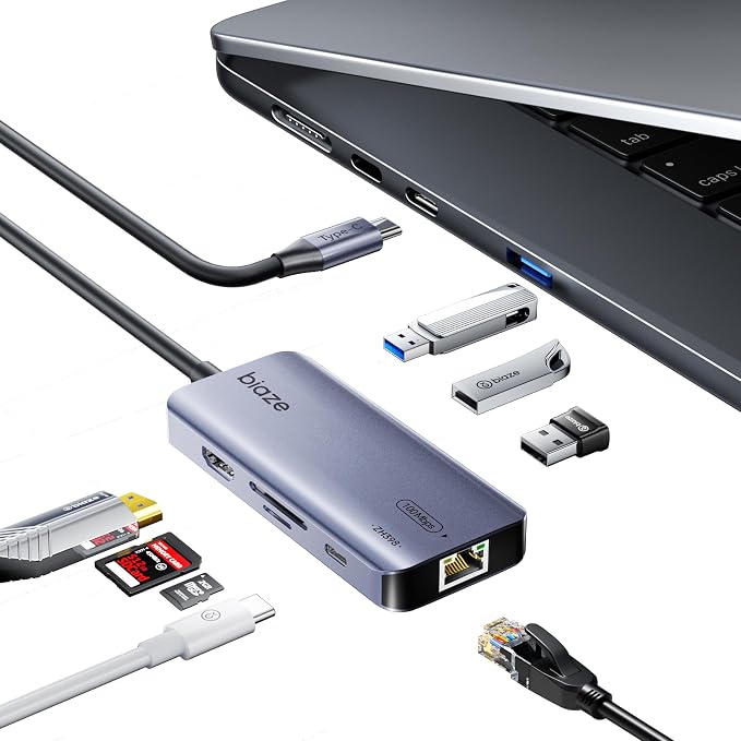8-in-1 USB C Hub Adapter for MacBook, 4K60Hz HDMI, 100W PD Charging, USB 3.0 by biaze