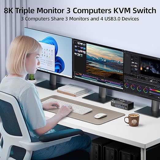 HDMI+2Displayport KVM Switch 3 Monitors 3 Computers 8K@60Hz 4K@144Hz, Triple - Image 2