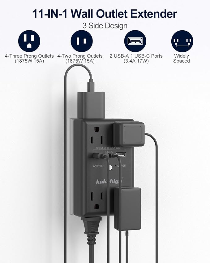 Black Wall Power Strip, 8 Way Outlets - Image 2