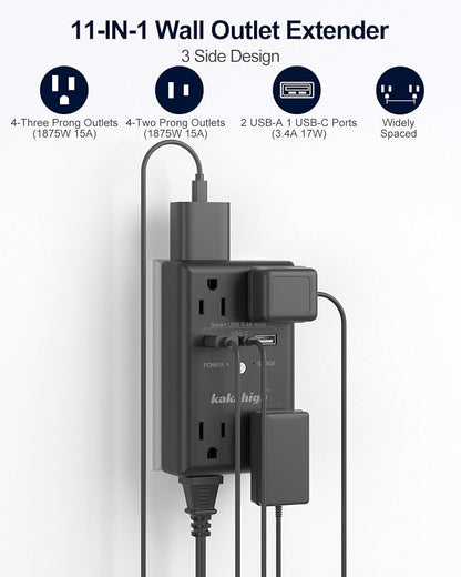 Black Wall Power Strip, 8 Way Outlets - Image 2
