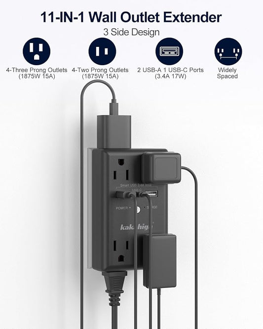 Black Wall Power Strip, 8 Way Outlets - Image 2