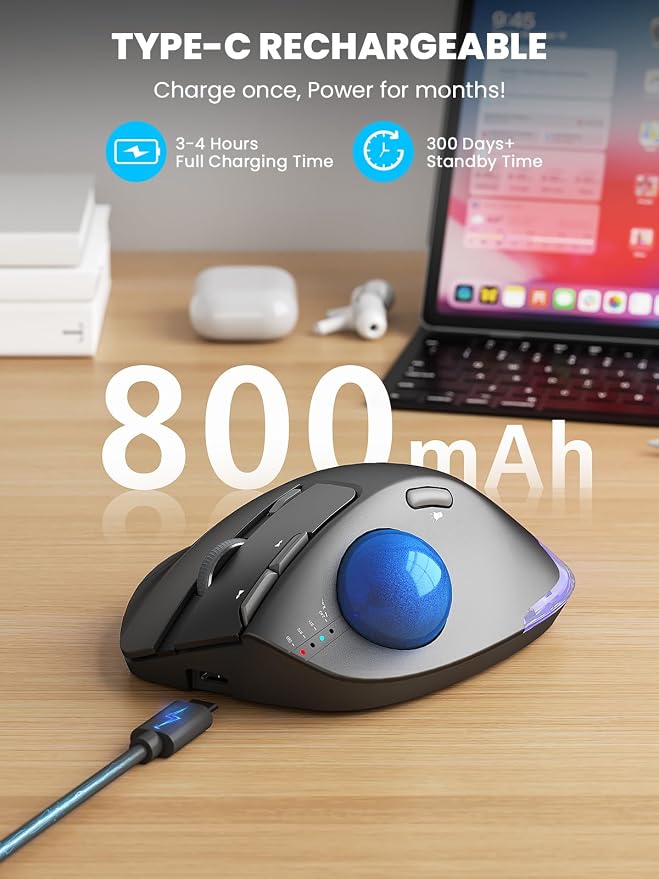 Wireless Trackball Mouse, Ergonomic Bluetooth Rechargeable Computer Mouse - Image 6