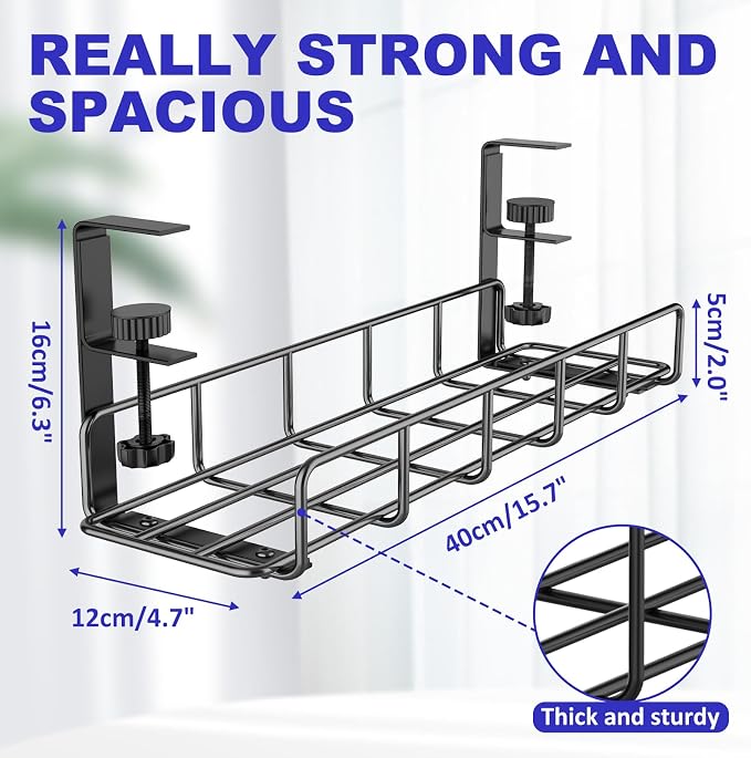 Under Desk Cable Management Tray, 15.7'' No Drill Steel Desk Cable Organizers - Image 5