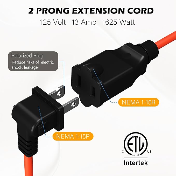 90 Degree 2 Prong Polarized Outdoor Power Extension Cord 75 FT, Angled - Image 5
