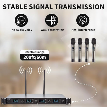 Wireless Microphone System, 4-Channel UHF Wireless Mic, Fixed Frequency Metal - Image 2