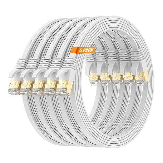 Cat7 10FT-5Pack Ethernet Cable Flat-White-10Gbps High Speed Ultra Slim Double by SURPLAY-WinningHighSpeed