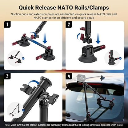 NEEWER Triple Suction Cup Car Mount Kit, Two 24" Aluminum Alloy Extension Poles - Image 6