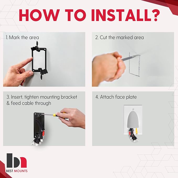 BestMounts - 1 Pack In Wall Cable Management Kit - Recessed Wall Plate Cable - Image 7