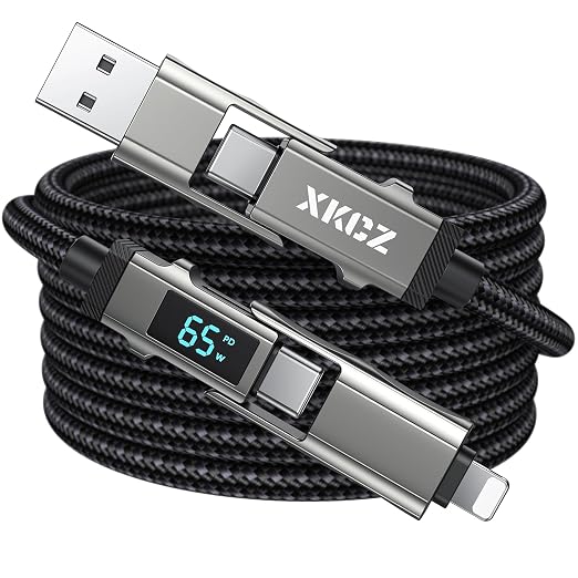 4 in 1 USB C Cable with Wattage Display, 65W Round Nylon Braided Multi Charging by XKCZ