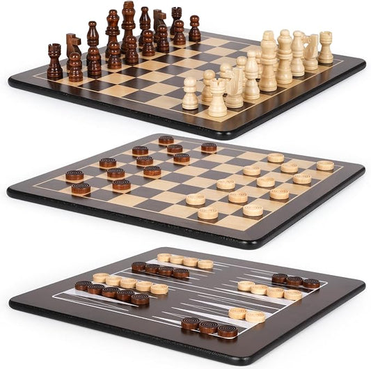 3-in-1 Wooden Chess, Backgammon Set and Checkers Set- 12 Inch Portable Board by Agirlgle