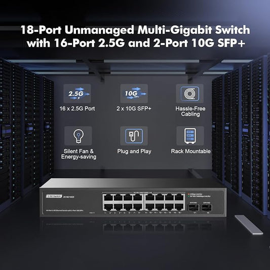 16 Port 2.5G Switch with 2x10G SFP+, 16 x 2.5G Ethernet Base-T Ports, YuLinca - Image 2