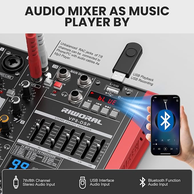 8 Channel Audio Interface Sound Board Mixing Console XLR 1/4 inch Jack USB - Image 3