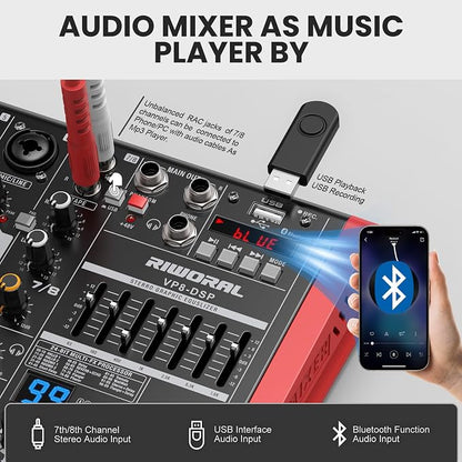 8 Channel Audio Interface Sound Board Mixing Console XLR 1/4 inch Jack USB - Image 3