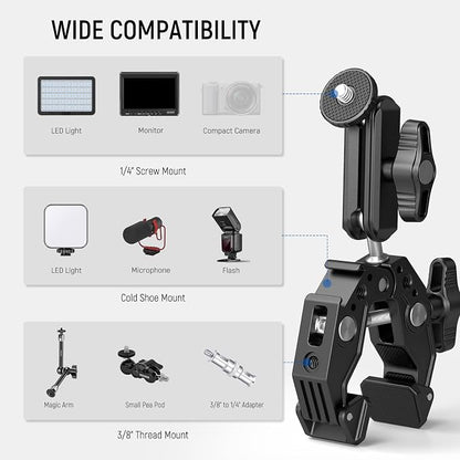 NEEWER Super Clamp with 3" Dual Ballhead Magic Arm, Cold Shoe, 1/4" Threads - Image 6