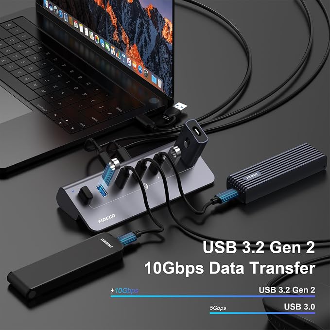 FIDECO Powered USB Hub, 7 Port 10Gbps Fast Data Hub - Image 3