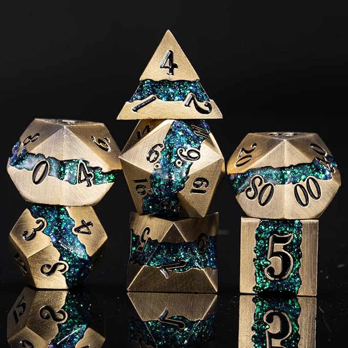 Metal RPG Dice Set, Mica Glitter Stripe Dice DND, Antique Bronze Dice 7pcs Set by Maywin