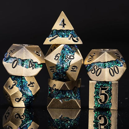 Metal RPG Dice Set, Mica Glitter Stripe Dice DND, Antique Bronze Dice 7pcs Set by Maywin