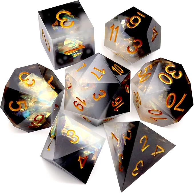 Haxtec Sharp Edge Dice Set DND Dice Black and White Resin Dice Iridecent Mylar by HaxtecDice