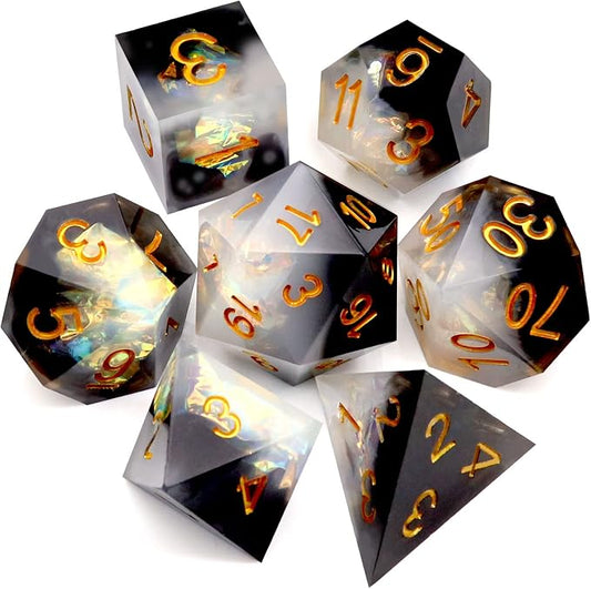 Haxtec Sharp Edge Dice Set DND Dice Black and White Resin Dice Iridecent Mylar by HaxtecDice