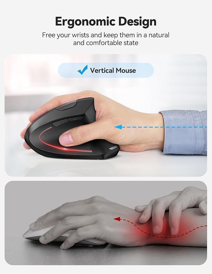 TECKNET Ergonomic Mouse, Rechargeable 2.4G+Bluetooth Vertical Mice 6 DPI - Image 6