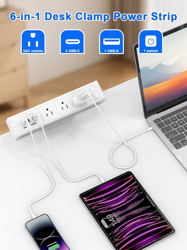 Desk Clamp Power Strip with 65W USB-C&USB A Ports 3 AC Outlet, Nightstand Edge - Image 6