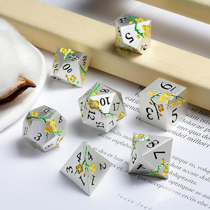 Silver Metal DND Dice, DNDND 7 PCS Heavy Flower Metallic D&D Dice Set - Image 3