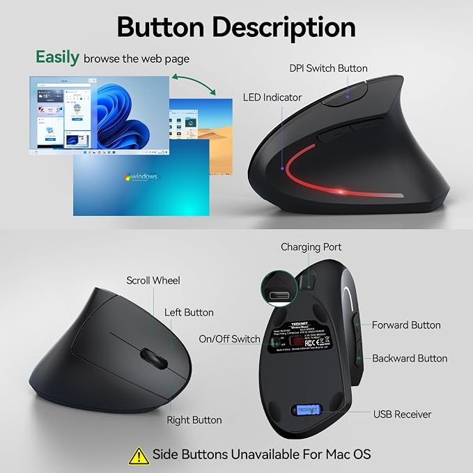 TECKNET Ergonomic Mouse, Rechargeable Vertical Ergo Mouse Wireless 800-4800 - Image 8