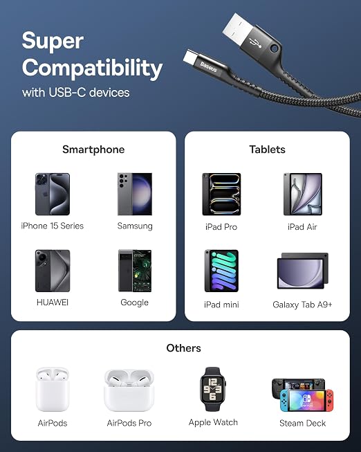 Baseus USB Type C Cable for Car, Nylon Braided Carplay Cable Compatible - Image 6