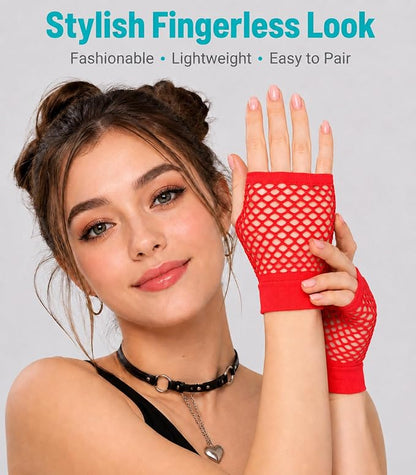 Seeksmile Women's Girls 80's Theme Party Emo Fingerless Arm Fishnet Gloves - Image 3