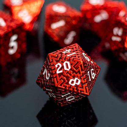 Red Metal Hollow DND Dice Set Metallic Luster Maze Design - Image 4