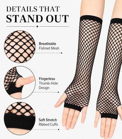 Seeksmile Women's Girls 80's Theme Party Emo Fingerless Arm Fishnet Gloves - Image 6