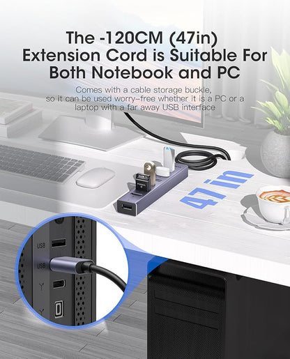 FORIDA Aluminum Alloy 8 Port USB Hub Long Cable USB Splitter - Image 2