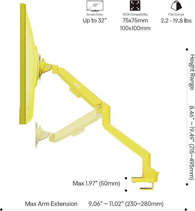 Pixio PS1S Wave Yellow Single Monitor Arm Stand Desk Mount - Image 4
