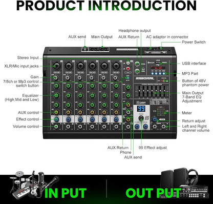 8 Channel Audio Interface DJ Mixing Sound Board 16 DSP Digital Effects - Image 2