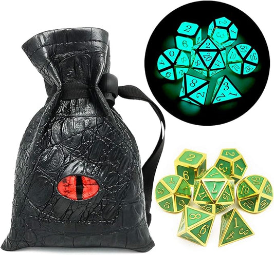 Haxtec Glow in The Dark Glowing Blue Metal Dice Set D&D W/Dragon Dice Bag 7PCS by HaxtecDice