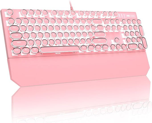 MageGee Typewriter Mechanical Gaming Keyboard, Retro Punk Pink Round Keycaps by MageGee