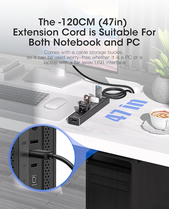 FORIDA Aluminum Alloy 8 Port USB Hub Long Cable USB Splitter - Image 2