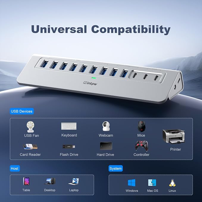 Powered USB Hub 10Gbps, intpw 12 Port USB C Hub - Image 7