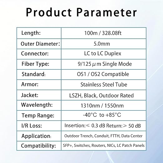 100M/328FT LC to LC Armored Outdoor Fiber Optic Cable, Single Mode Duplex - Image 6