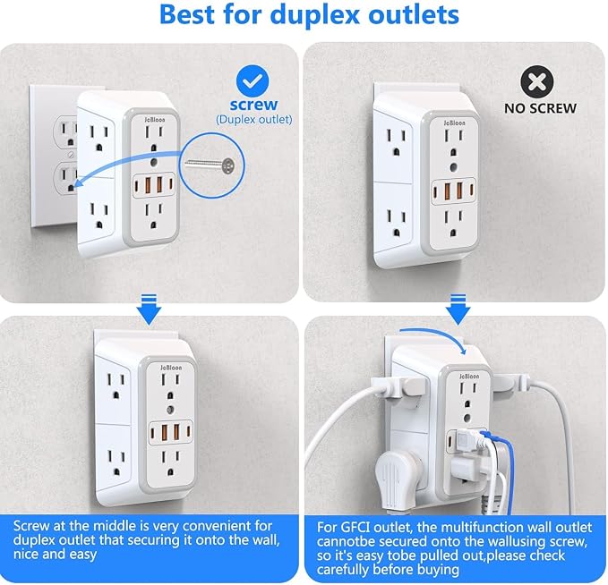 2 Pack Wall Charger, Surge Protector 6 Outlet Extender Multi Plug Wall Outlets - Image 2
