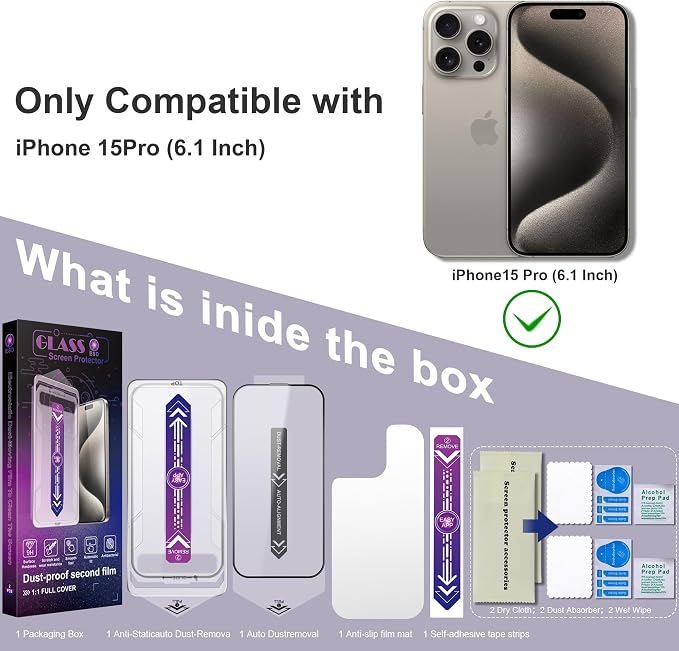 2 Pack Screen Protector for iPhone 15 Pro, 9H Tempered Glass, Full Coverage - Image 7