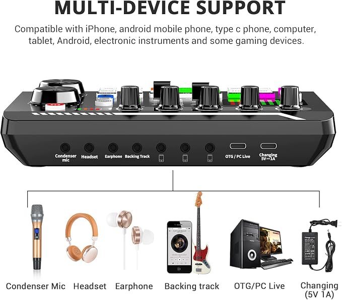 Facmogu F998 Live Sound Card Audio Mixer, Podcast Audio Interface - Image 4