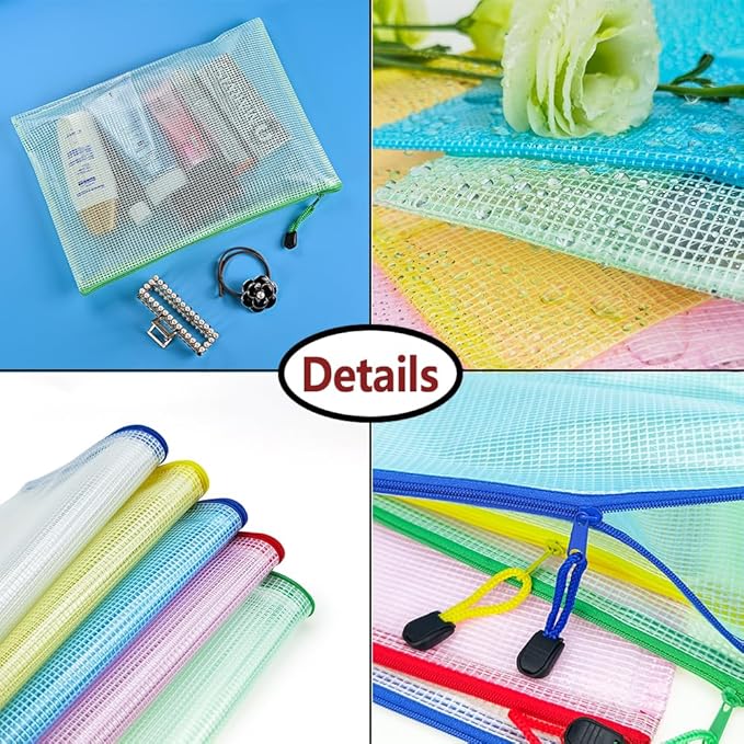 AUSTARK 10 Pcs Zipper File Bags, Waterproof Plastic Mesh Pouch - Image 3