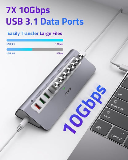 Powered USB Hub 10Gbps, 10 Ports USB 3.1 Gen 2 Hub Power Multiport USB Splitter - Image 3