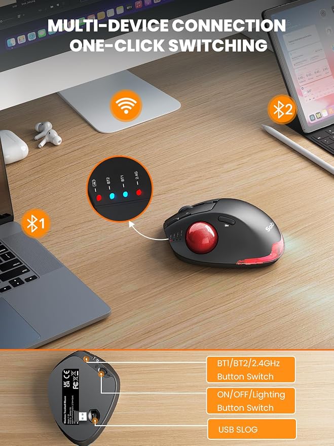 Wireless Trackball Mouse, Ergonomic Bluetooth Rechargeable Computer Mouse - Image 4