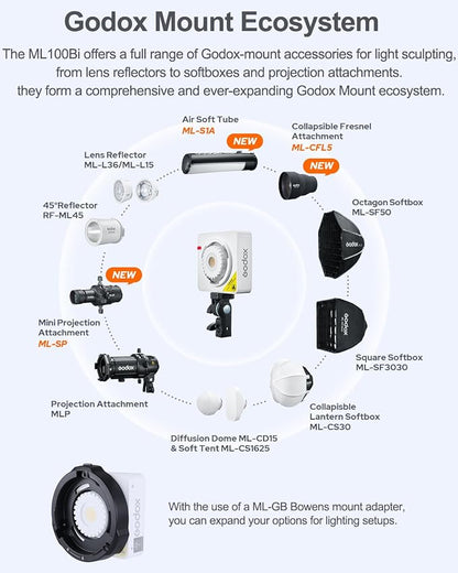 Godox ML100Bi 120W Bi-Color LED Video Light, 2800K-6500K COB Continuous Output - Image 5