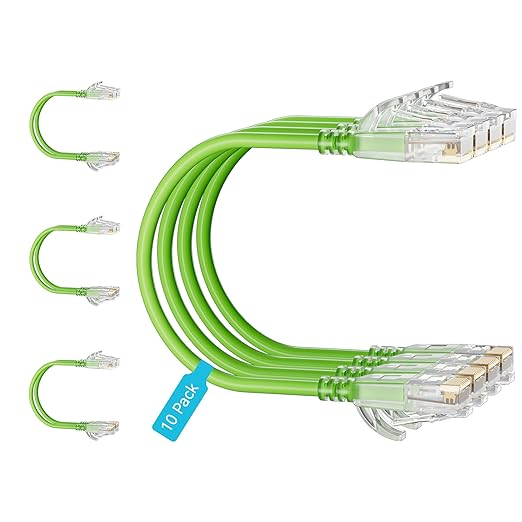 Cat6 Slim Patch Cables 1 Feet 10-Pack Green, Cat6a Patch Cables 10Gbps 550MHz by Unknown
