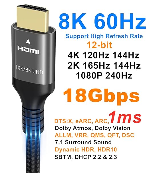 8K HDMI Cable 48Gbps 33 FT, Nylon Braided High Speed HDMI® Cable 4k 120Hz 2k - Image 3